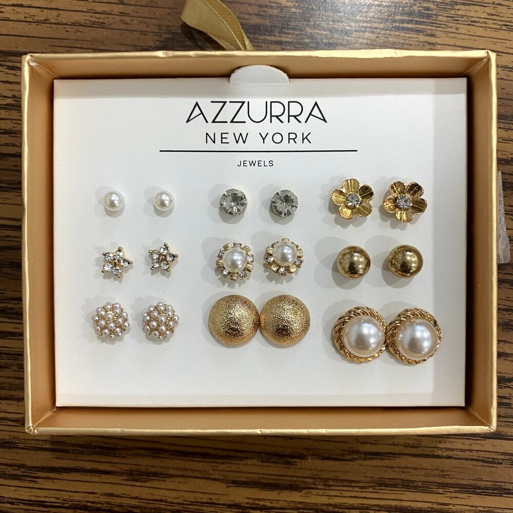 AZZURRA NewYork Gold Stud Earrings Lot Set 9 Pairs Pearl Geometric Vintage Style